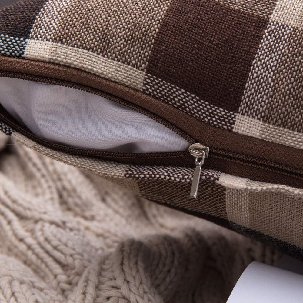 Pack of 2 Decorative Throw Pillow Covers Checkered Plaids Tartan Linen Rustic Farmhouse Square Cushion Case for Bench Sofa Couch Car Bedroom Coffee and Brown 18X18 Inch 45X45 Cm