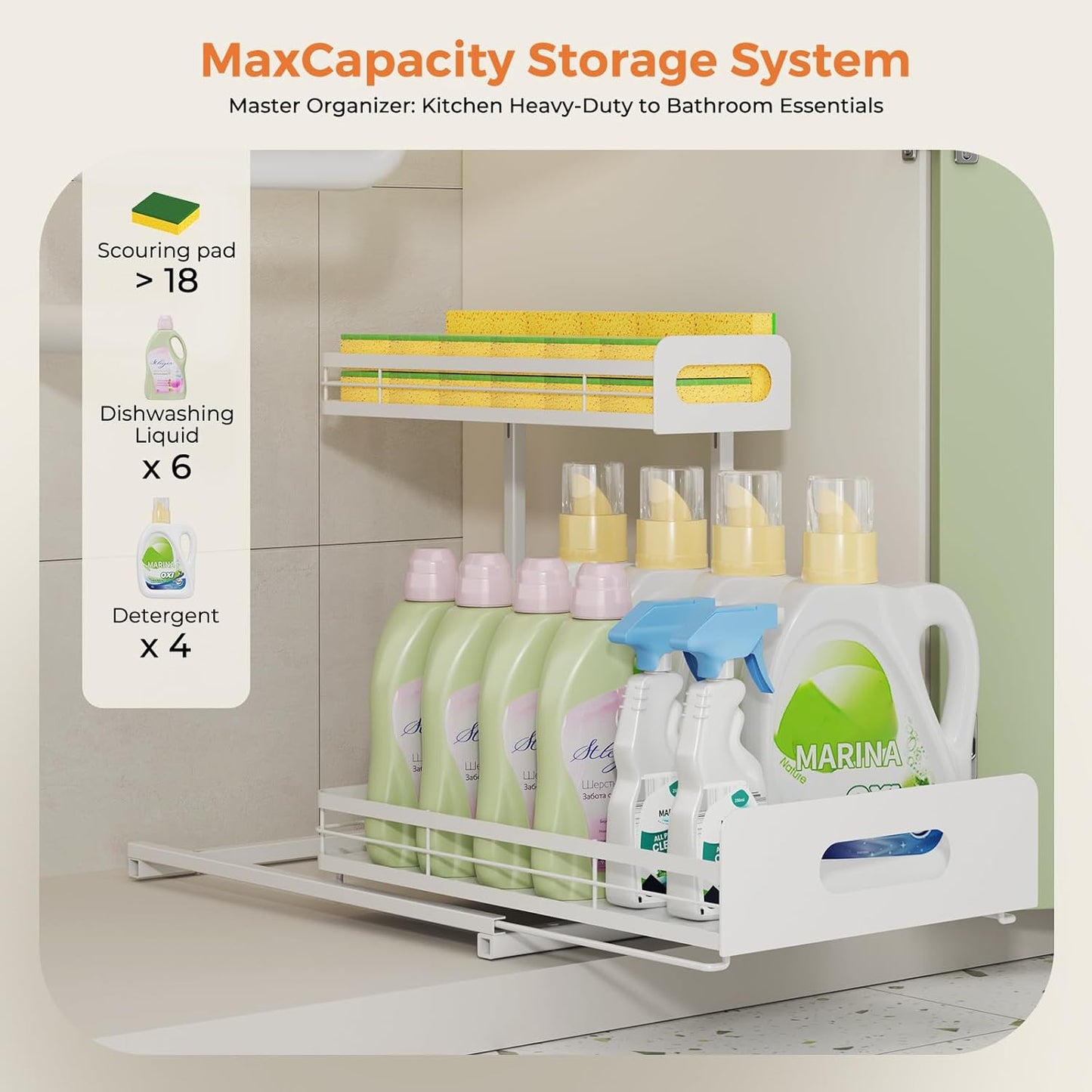 2 Pack Metal under Sink Organizers and Storage, 2 Tier Pull Out under Cabinet Organizer for Kitchen Bathroom, Adjustable under Sink Shelf for under Counter Storage Organizer, White