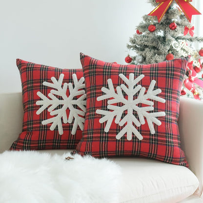 Pack of 2 Christmas Throw Pillow Covers Plaid Scottish Tartan Cushion Case Snowflake Embroideried Pillowcases for Sofa Couch Bedroom (Red, 20 X 20-Inch)