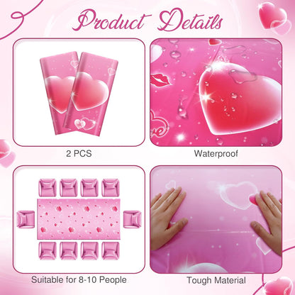 Set of 2 Pink Plastic Tablecloths, 54x108 inches with Dreamy Pink Hearts - Disposable Waterproof Decorations for Galentine's Day, Romantic Weddings, Anniversaries, and Engagements
