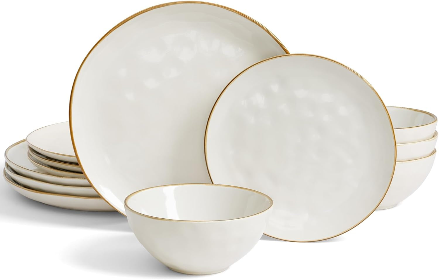 12-Piece Ocean Round Dinnerware Set for 4, Reactive Glaze, Microwave and Dishwasher Safe, Scratch Resistant, Cappuccino White