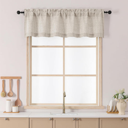Valance for Windows, Light Filtering Faux Linen Textured Small Short Valance Kitchen Curtain, Rod Pocket Top Short Window Curtain for Bathroom Basement Farmhouse, 60Wx14L Inch, Linen Color