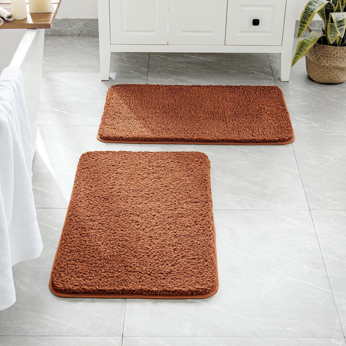 Set of 2 Non-Slip Burnt Orange Extra Thick Shaggy Bathroom Rugs - Plush Microfiber Absorbent Bath Mats for Tub and Shower, Machine Washable (16x24 Inches)