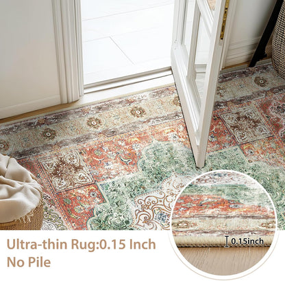6X9 Area Rugs Machine Washable No Pile Non Slip Vintage Rugs for Living Room&Bedroom&Dinning Room Bohemian Distressed Carpet Indoor,Brick