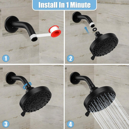 8 Spray Modes Shower Head, 5 Inch High Pressure Shower Heads with 62 Anti-Clogging Nozzles and Adjustable Brass Ball Joint, Replacement for Bathroom Showerhead, Matte Black