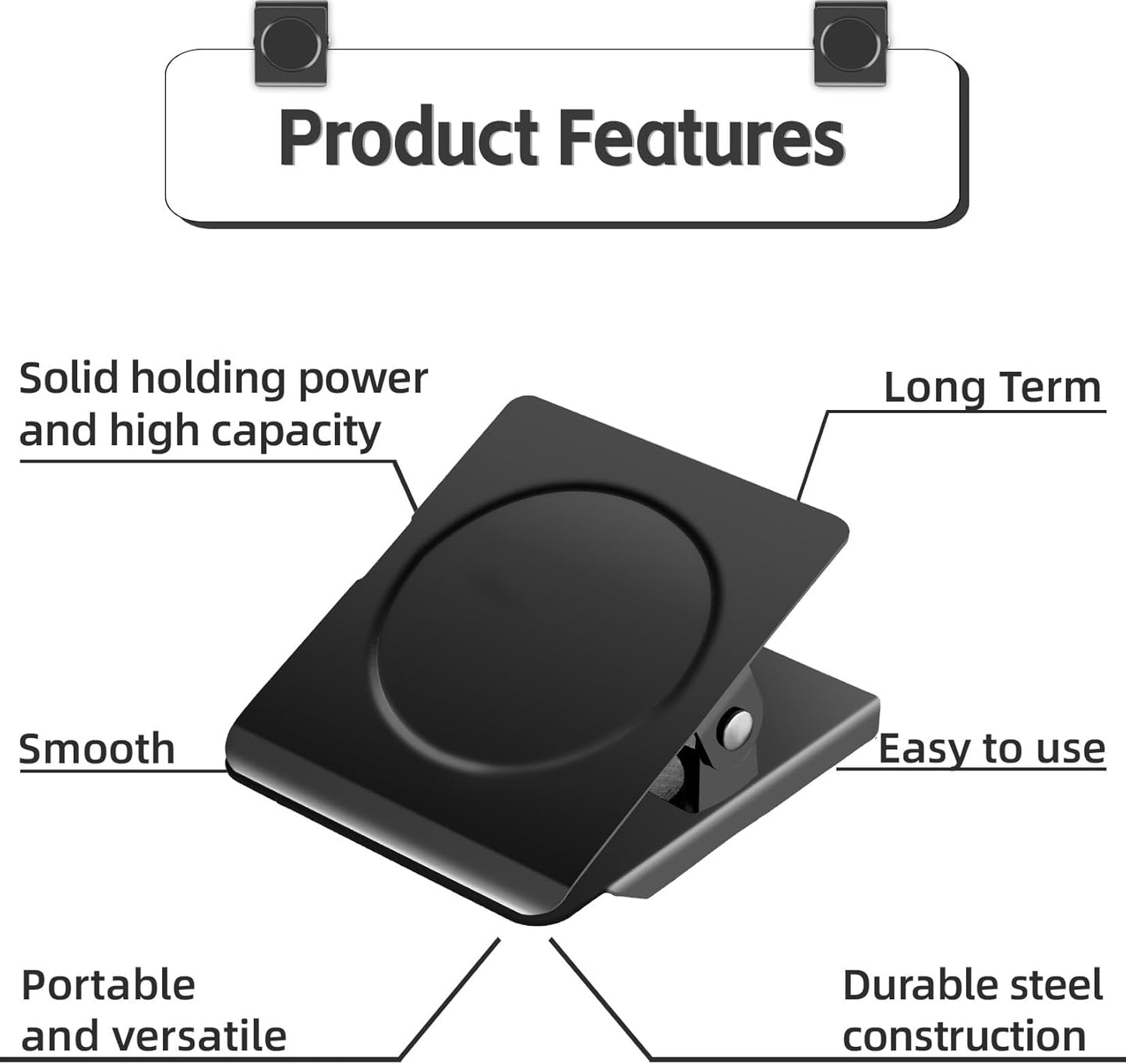 Strong Magnetic Clips, 2.2 Inch Extra Large Magnetic Clips Heavy Duty, 2Pack Magnet Clip for Fridge, Clip Magnets for Refrigerator, Whiteboard, Classroom, Kitchen, Office Organizer (Black)