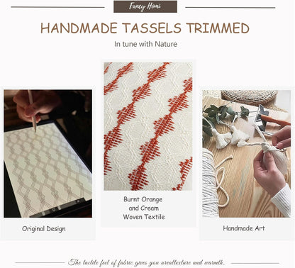 Set of 2 Burnt Orange Lumbar Decorative Throw Pillow Covers 12X20 Inch for Couch Bed Sofa Living Room, Aesthetic Organic Farmhouse Home Decor, Woven Textured Cushion Case with Tassels