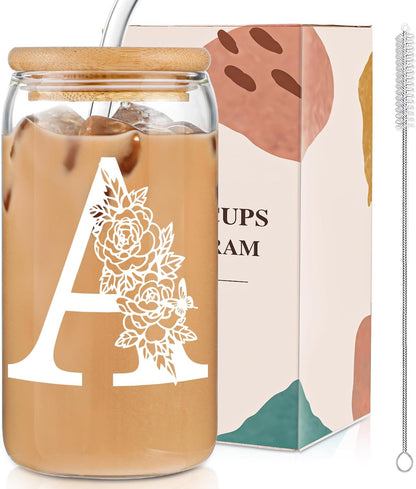 Gifts for Holidays,Birthday Gifts for Women,Personalized Initial Glass Cup as Iced Coffee Cups,Aesthetic Smoothie Cup Cute Beer Tumbler,16 Oz Glass Cups with Lids and Straws-A(1Psc)