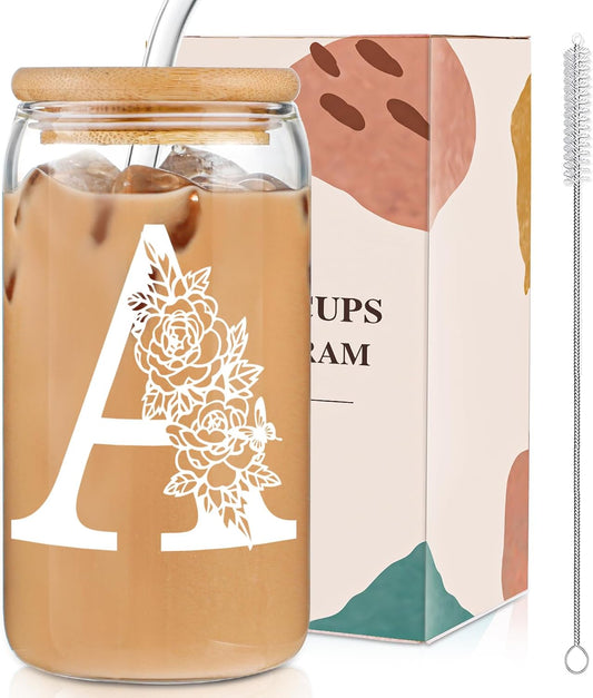 Gifts for Holidays,Birthday Gifts for Women,Personalized Initial Glass Cup as Iced Coffee Cups,Aesthetic Smoothie Cup Cute Beer Tumbler,16 Oz Glass Cups with Lids and Straws-A(1Psc)