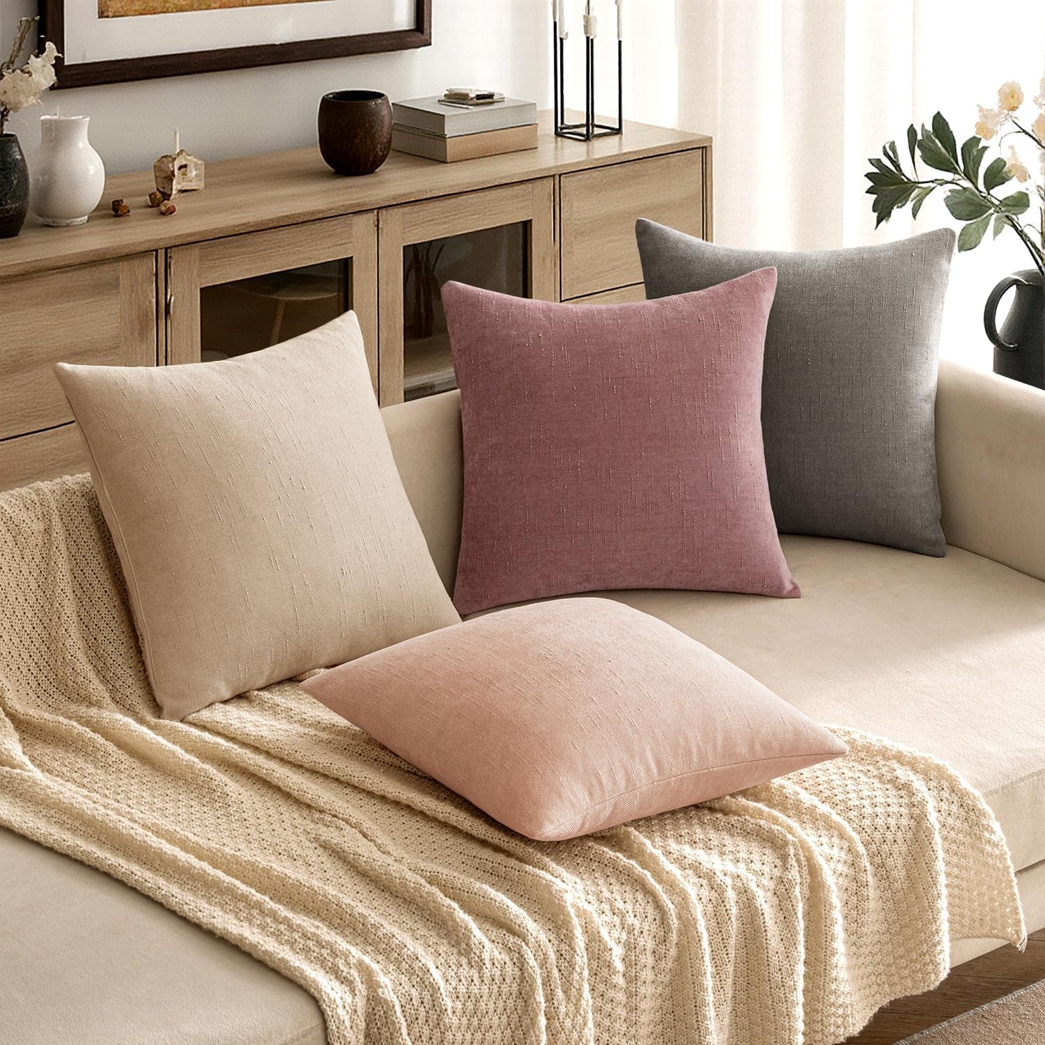 Pack of 2 Decorative Throw Pillow Covers Soft Chenille Throw Pillows Solid Textured Cushion Covers for Spring Valentine'S Day Couch Sofa Bedroom Living Room 18X18 Inch, Blush Pink