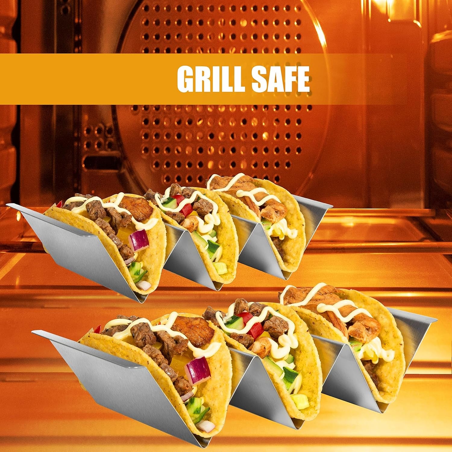 Taco Holders Set of 5, Taco Stand, Stainless Steel Taco Holder, with Easy-Access Handle, Each Can Hold 2 to 3 Tortillas, Oven Safe for Baking, Dishwasher and Microwave Safety