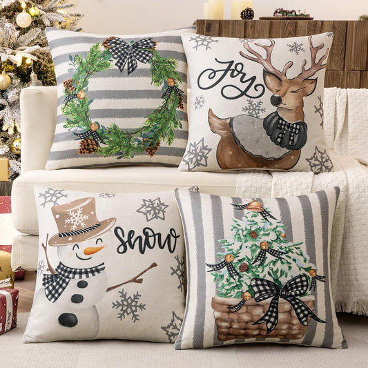 Set of 4 Holiday Grey Decorative Pillow Covers 18X18 Inch Snowman Elk Merry Christmas Throw Pillow Cases Winter Seasonal Cushion Cases Home Decors for Sofa Couch Bedroom