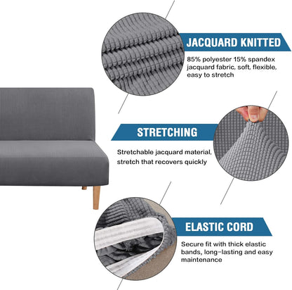 Armless Futon Cover Stretch Sofa Bed Slipcover Protector Elastic Feature Rich Textured High Spandex Small Checks Jacquard Fabric Futon Cover, Machine Washable, Gray