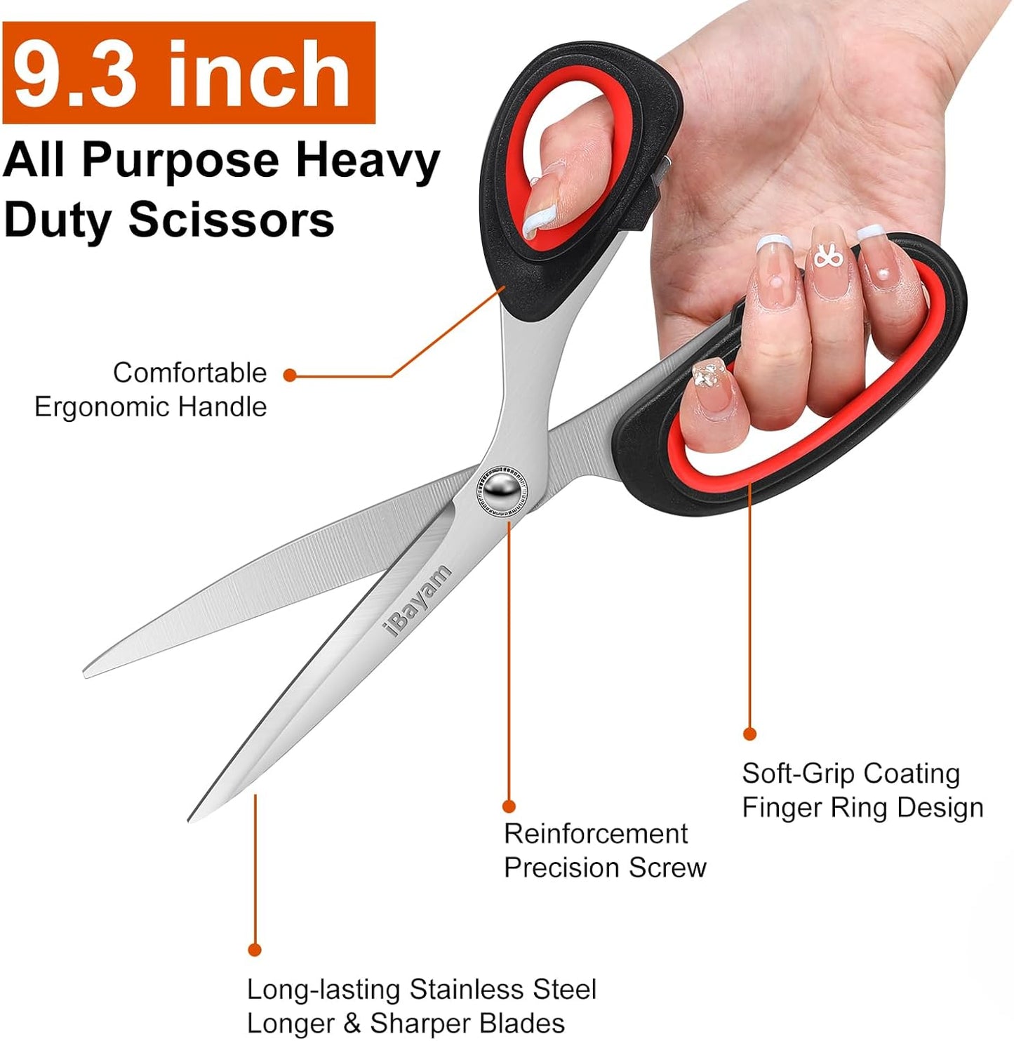 Scissors All Purpose, 9.3 Inch Scissors Heavy Duty Stainless Steel Shears for Home Household Cutting Fabric Leather, Sewing Shears, Paper Box Cutter, Package Opener, Hand Cutting Tools