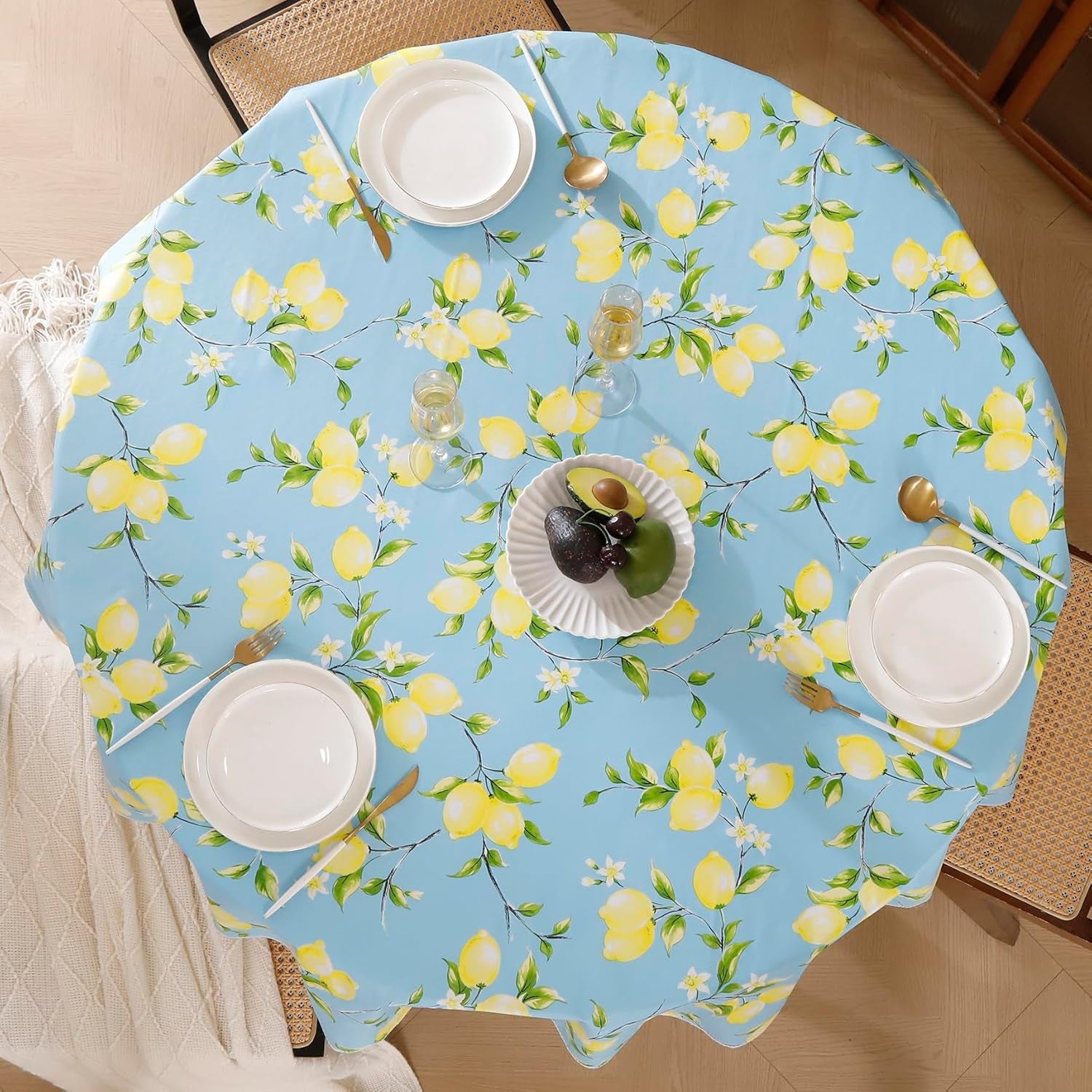 Round Vinyl Tablecloth with Flannel Backing Waterproof Oil-Proof PVC Table Cloth Stain-Resistant Wipeable Table Cover for round Table(48" Round)