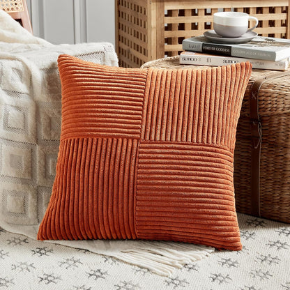 Set of 4 Burnt Orange Decorative Throw Pillow Covers 18X18 Inch for Living Room Couch Bed, Boho Farmhouse Fall Home Decor, Soft Textured Corduroy Cross Patchwork Cushion Case 45X45 Cm