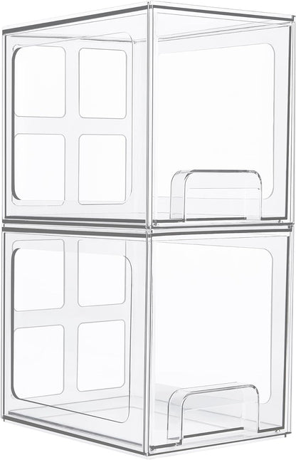 2 Pack Stackable Storage Drawers, 6.6''Tall Acrylic Bathroom Makeup Organizers,Clear Plastic Storage Bins for Vanity, Undersink, Kitchen Cabinet,Pantry Organization and Storage