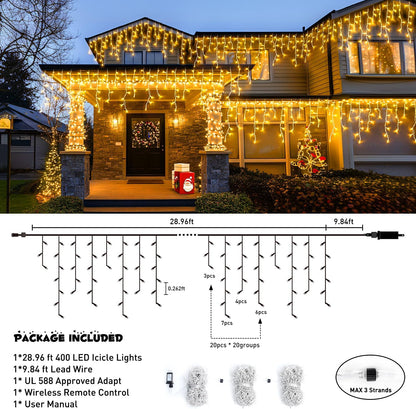 38.8FT Icicle Lights for Outside, 400 LED Icicle Christmas Light Outdoor Indoor Plug In, Warm White Curtain String Lights for Wedding House Patio Party Fireplace Holiday Decorations
