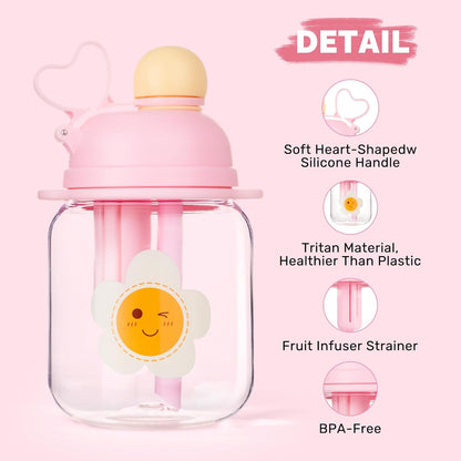 27Oz Pink Tritan Toddler Water Bottle with Straw, BPA Free, Leak-Proof, Includes Fruit Infuser Strainer, Perfect for School and Sports