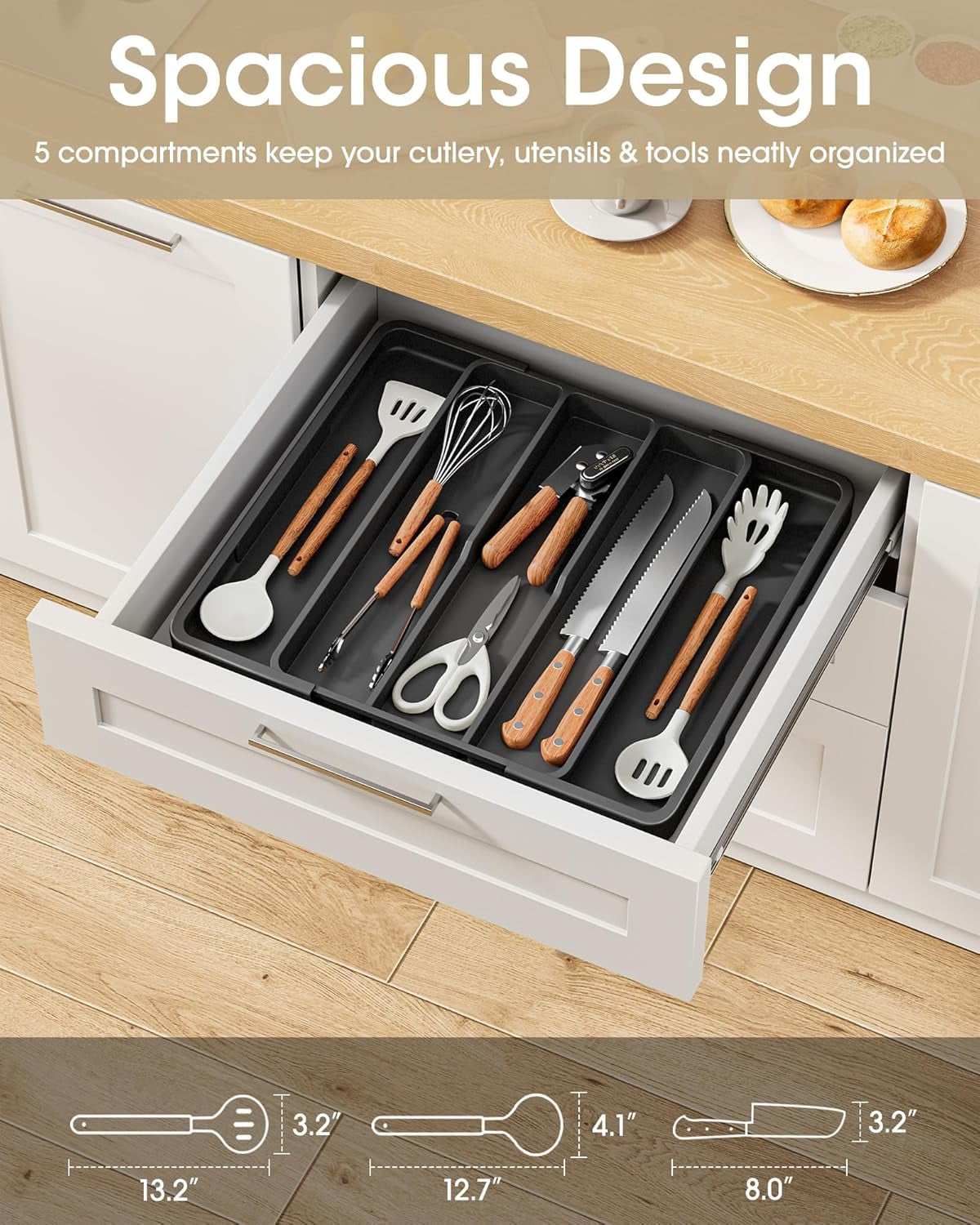 Silverware Organizer - Expandable Utensil Drawer Organizer with Non-Slip Pads, Adjustable Kitchen Drawer Organizer for Home, Apartment and Kitchen Essentials, Black, 13.6" X 1.4" X 11.0"~19.9"