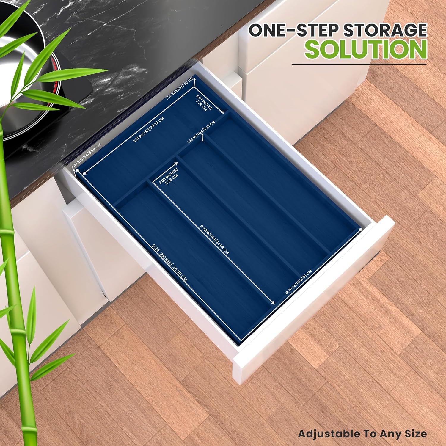 Silverware Organizer, Bamboo Utensil Drawer Organizer for Cutlery, Utensils & Flatware (5 Compartment, Blue) Pack of 1