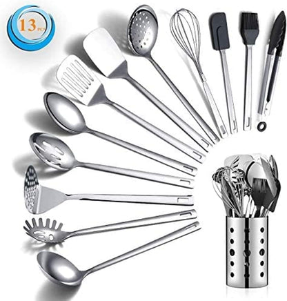 Professional Stainless Steel 13-Piece Cooking Utensils Set with Non-Stick, Heat Resistant Features and Dishwasher Safe Design, Includes Utensil Holder