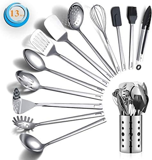 Professional Stainless Steel 13-Piece Cooking Utensils Set with Non-Stick, Heat Resistant Features and Dishwasher Safe Design, Includes Utensil Holder