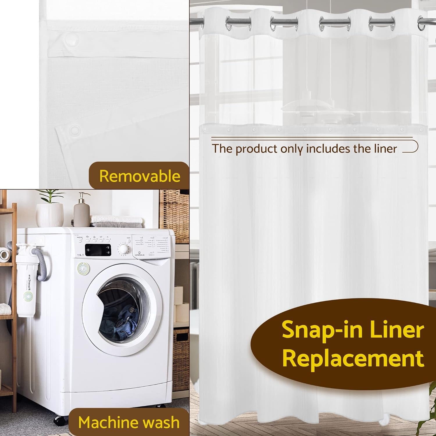 Fabric Snap-In Shower Curtain Liner Replacement, Removable & Washable, Hotel Style, 70X54, White