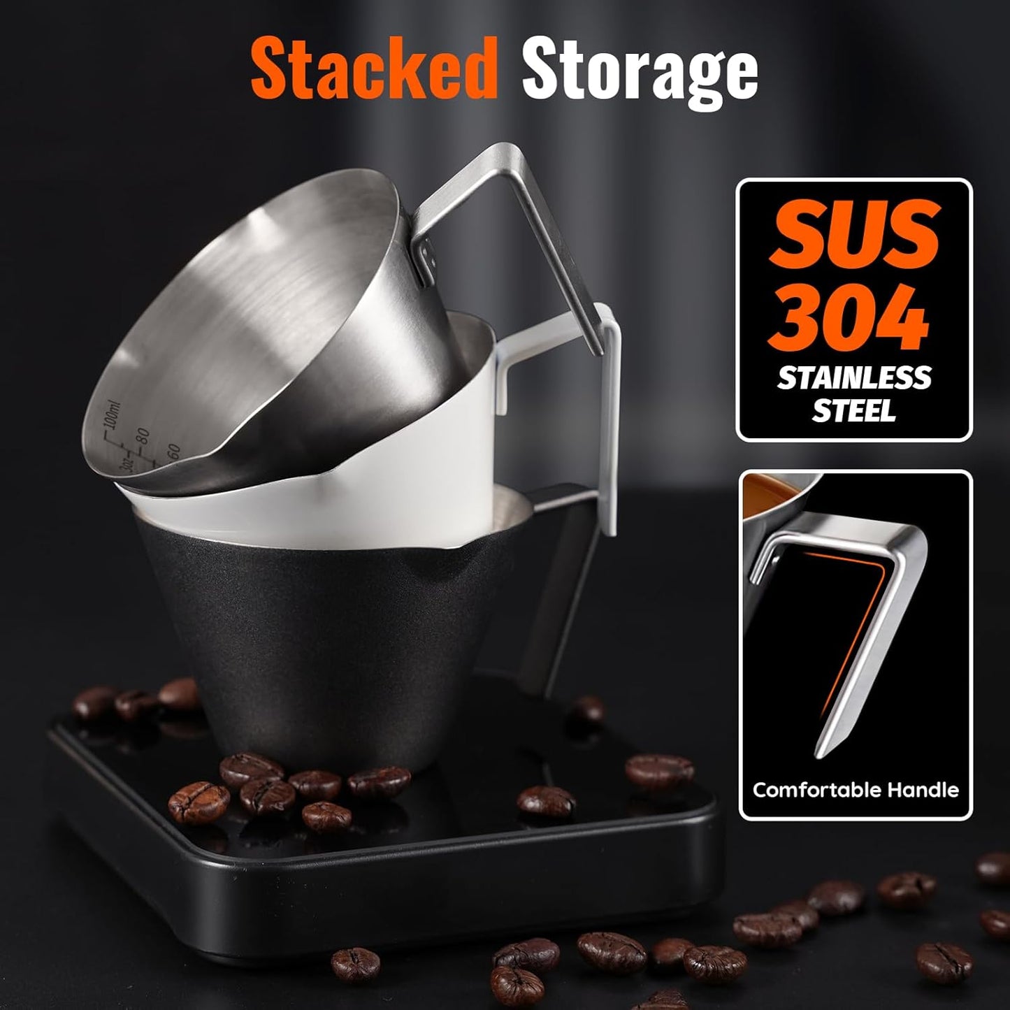 Espresso Cup with Handle, Stainless Steel Espresso Accessories, Double Spout Metal Measuring Cup with Dual Scale, Espresso Shot Pitcher with V-Shaped Mouth, 3.4OZ/100ML