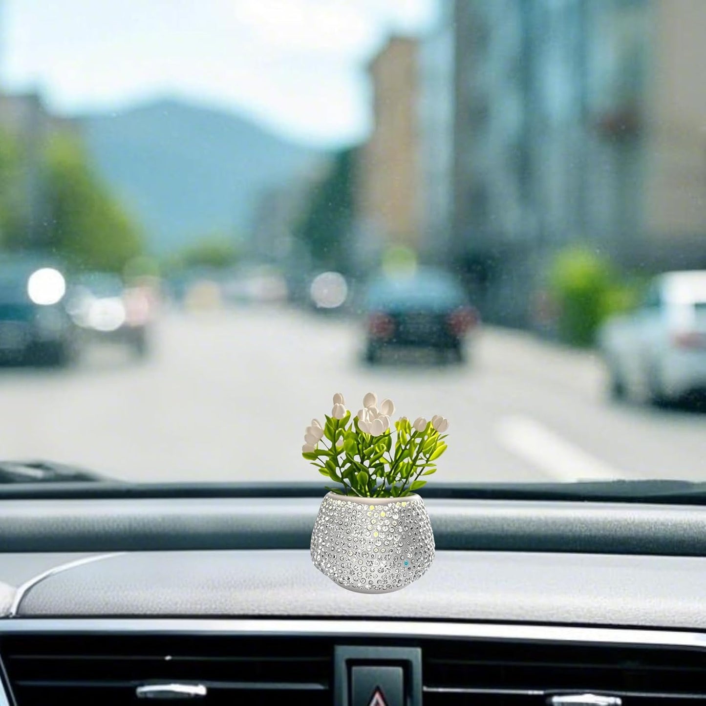 Flower Car Accessories Bling Dashboard Decorations, Car Flower Vase Decals, Cute Car Interior Decor, Bling Desk Flowers for Women Office Girl Gifts