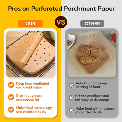 200Pcs 6.5 Inch , Unbleached Square Liners, Heavy Duty Perforated Parchment Paper for Air Fryer, Steaming Basket, Bamboo Steamer, Oven Baking