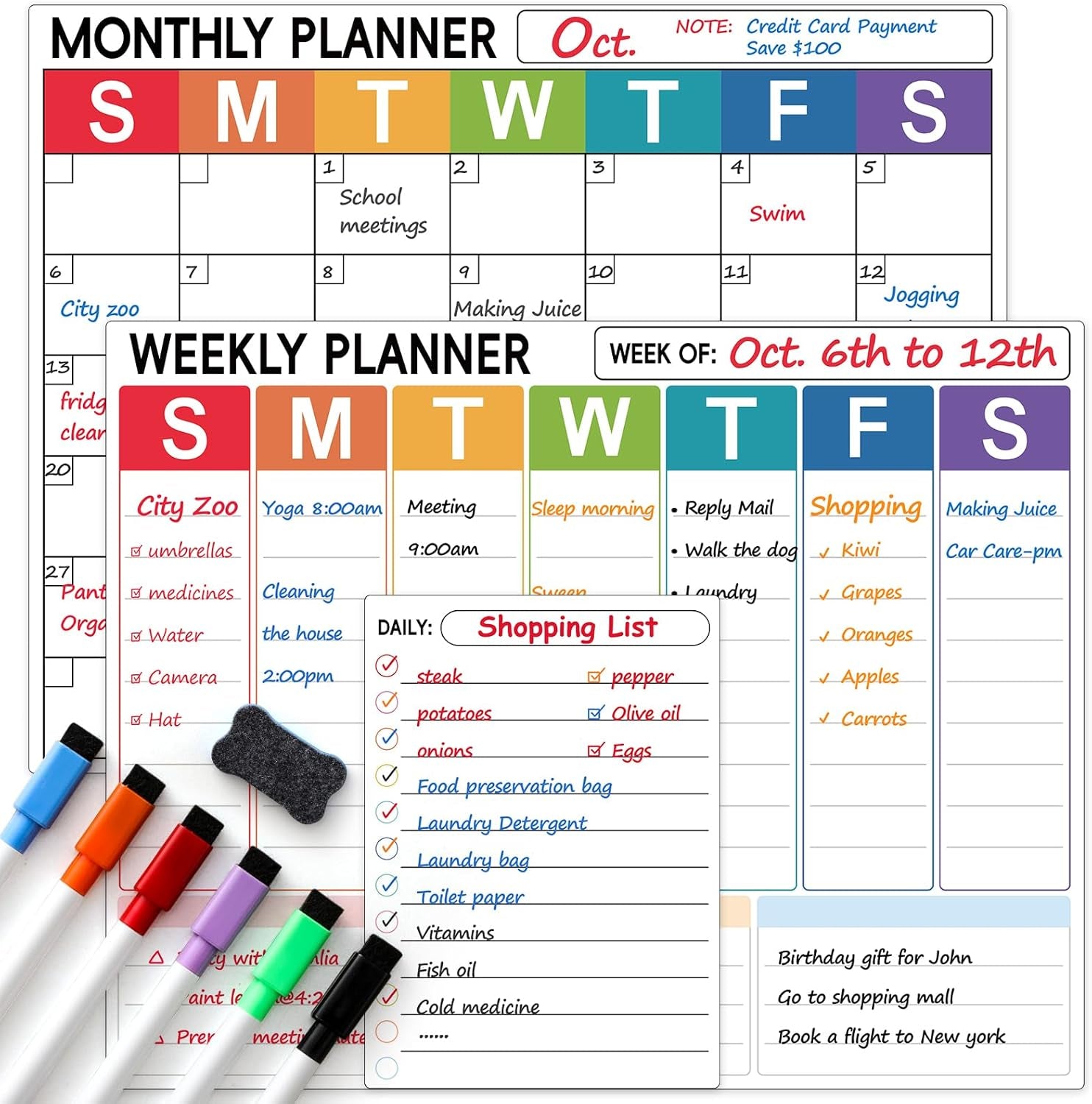 3 Pack Dry Erase Magnetic Calendar for Refrigerator - Monthly & Weekly & Daily Planner Magnet Whiteboard for Fridge Wall - Shopping, Meal/Menu, to Do List, Family Schedule Planning Board (9CO-3RIZH)