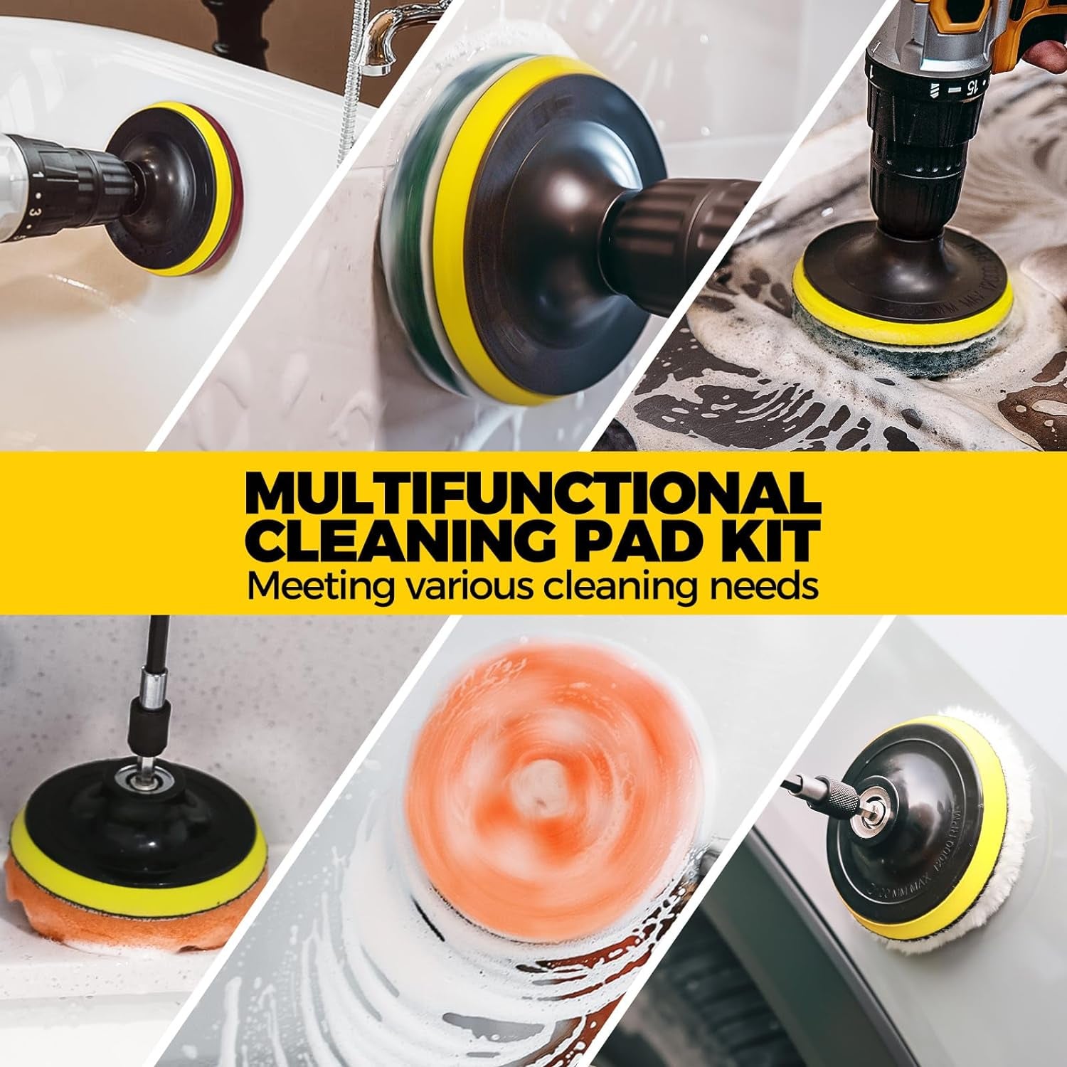 11 Piece Drill Brush Attachment Set Scouring Pads Power Scrubber Brush Scrub Pads for Bathroom Surfaces, Floor, Tub, Shower, Grout, Tile, Corners,Cleaning Brush