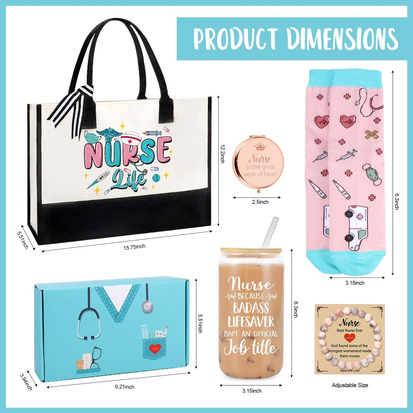 Nurse Gifts for Women, Nurse Appreciation Gifts, Nurses Week Gift, Graduation, Birthday, Christmas, New Year- Nurses 16 Oz Can Glass Canvas Beach Bag Socks Mirror Bracelet