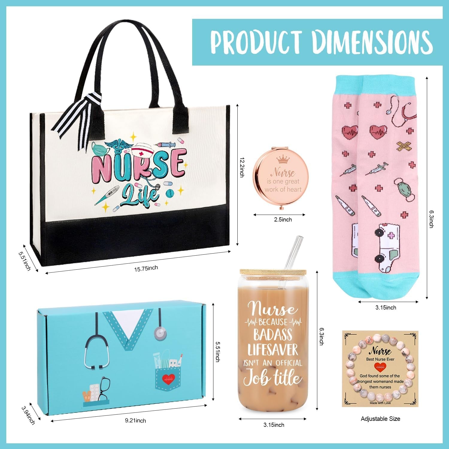 Nurse Gifts for Women, Nurse Appreciation Gifts, Nurses Week Gift, Graduation, Birthday, Christmas, New Year- Nurses 16 Oz Can Glass Canvas Beach Bag Socks Mirror Bracelet