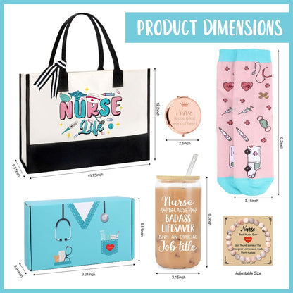 Nurse Gifts for Women, Nurse Appreciation Gifts, Nurses Week Gift, Graduation, Birthday, Christmas, New Year- Nurses 16 Oz Can Glass Canvas Beach Bag Socks Mirror Bracelet