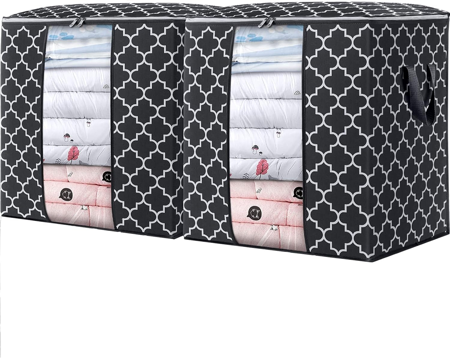 Storage Bags 2 Pack/100L Large Blanket Clothes Organization and Storage Containers for Comforters,Bedding, Foldable Organizer with Reinforced Handle, Clear Window, Sturdy Zippers,Black