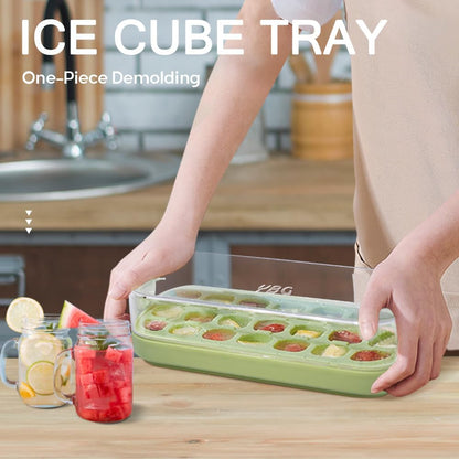 Ice Cube Tray with Lid and Bin for Freezer - 21 Pcs Silicone Ice Cube Mold, No Touch Easy Release - BPA Free, Reusable, Stackable, Suitable for Cocktails Whiskey Coffee and More (Green-21 Pcs)