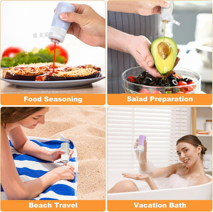 Salad Dressing Container to Go, 4 Pack Condiment Squeeze Bottles for Sauces, Mini Silicone Liquids Containers for Bento Lunch Box, Travel Bottles for Toiletries Refillable with 2 Extra Caps+Brush, 2Oz