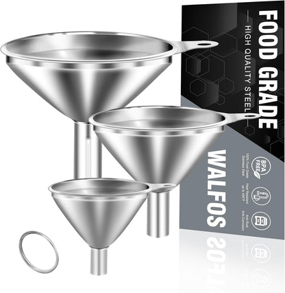 Mini Stainless Steel Funnels, Multi-Use Small Kitchen Funnel Set, for Transferring Liquid, Fluid, Essential Oils, Powder,Tiny Spices,Long-Lasting and Dishwasher Safe (3 In、2.2 In、1.7In)