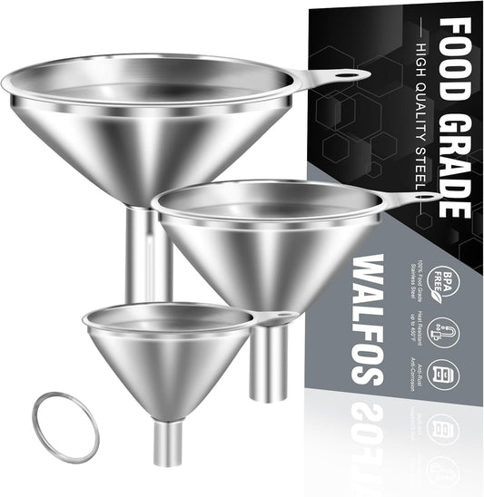 Mini Stainless Steel Funnels, Multi-Use Small Kitchen Funnel Set, for Transferring Liquid, Fluid, Essential Oils, Powder,Tiny Spices,Long-Lasting and Dishwasher Safe (3 In、2.2 In、1.7In)