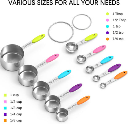 Measuring Cups and Spoons Set, Stainless Steel, Kitchen Utensils for Cooking and Baking (10, Colorful)
