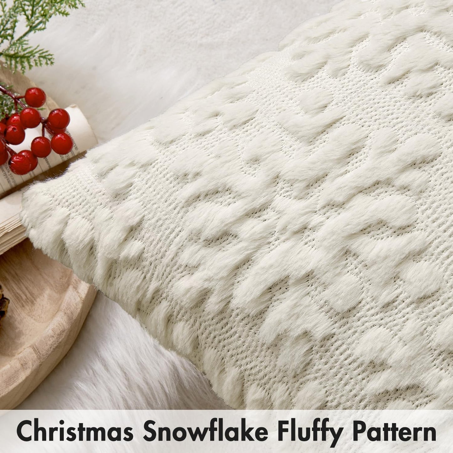 Christmas Cream White Throw Pillow Covers Snowflakes Decorative 18×18 Inch Faux Wool Winter Festival Couch Pillow Covers Set of 2 Farmhouse Holiday Home Decors for Sofa Livingroom Bed