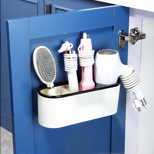 Self-Adhesive Hair Dryer Holder and 3-In-1 Hair Tool Organizer - Wall Mounted, Over Cabinet Door, and Free-Standing Options in White and Black