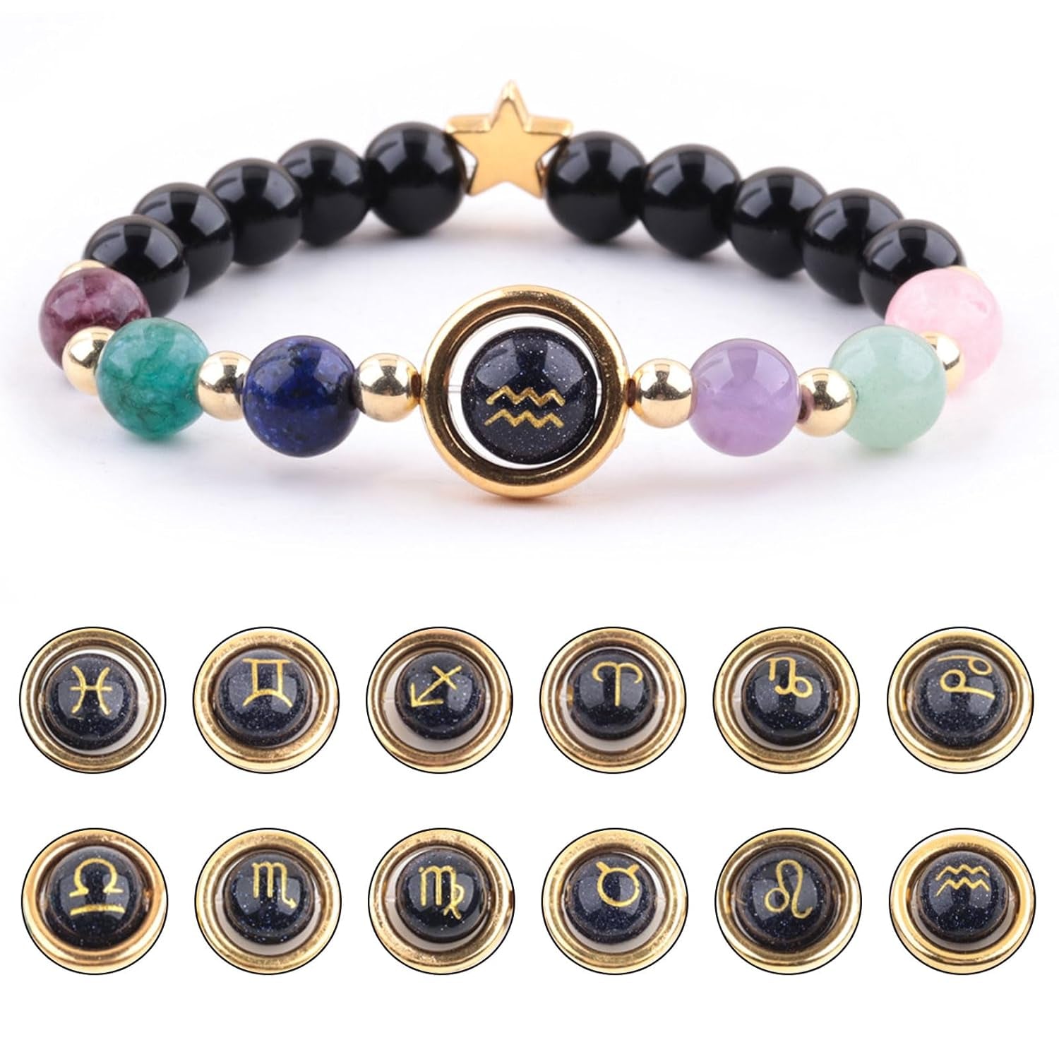 Zodiac Bracelets for Girls Women Natural Stone Healing Crystal Stone Beads Bracelet 12 Constellation Healing Calming Anxiety Stress Relief Spiritual Bracelet (Libra)