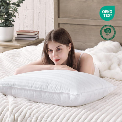 ® Goose Feather down Pillows, Luxury Hotel Collection Bed Pillows for Sleeping Set of 2, 100% Cotton Cover with Silver Stripe, Standard Size