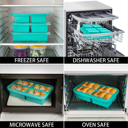 Silicone Freezer Trays with Lid, 3 Pack of 1 Cup 2 Cup 6 Cup, Airtight Large Silicone Ice Cube Tray Mold for Soup Cube Food Storage Meal Prep, Steel Reinforced Rim, Oven Dishwasher Safe, Aqua