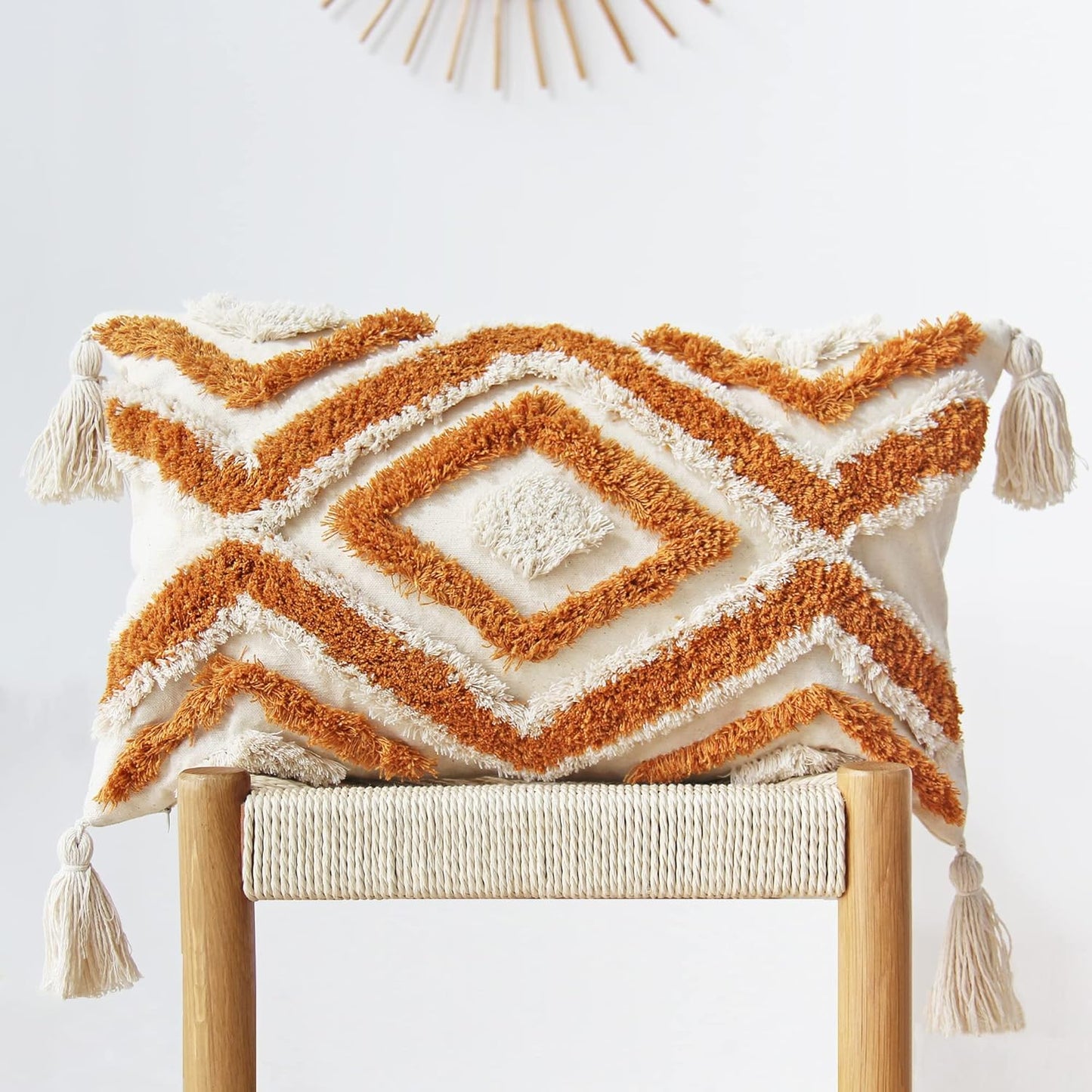 Boho Lumbar Throw Pillow Covers with Handmade Tassels Decorative Woven Tufted Orange Pillowcase for Couch Bedroom 12 X 20 Inch Orange B