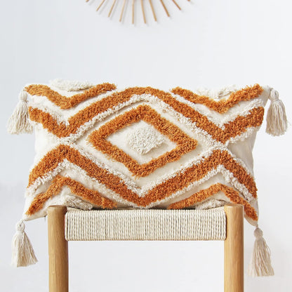 Boho Lumbar Throw Pillow Covers with Handmade Tassels Decorative Woven Tufted Orange Pillowcase for Couch Bedroom 12 X 20 Inch Orange B