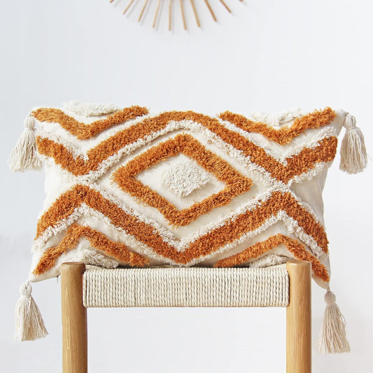 Boho Lumbar Throw Pillow Covers with Handmade Tassels Decorative Woven Tufted Orange Pillowcase for Couch Bedroom 12 X 20 Inch Orange B